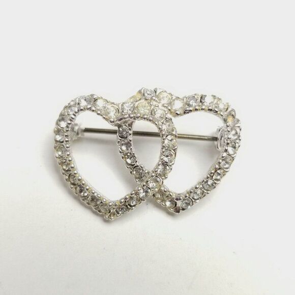 Vintage Double Rhinestone Heart Brooch, Silver Tone Sweetheart Lapel Pin, Estate - Picture 7 of 7